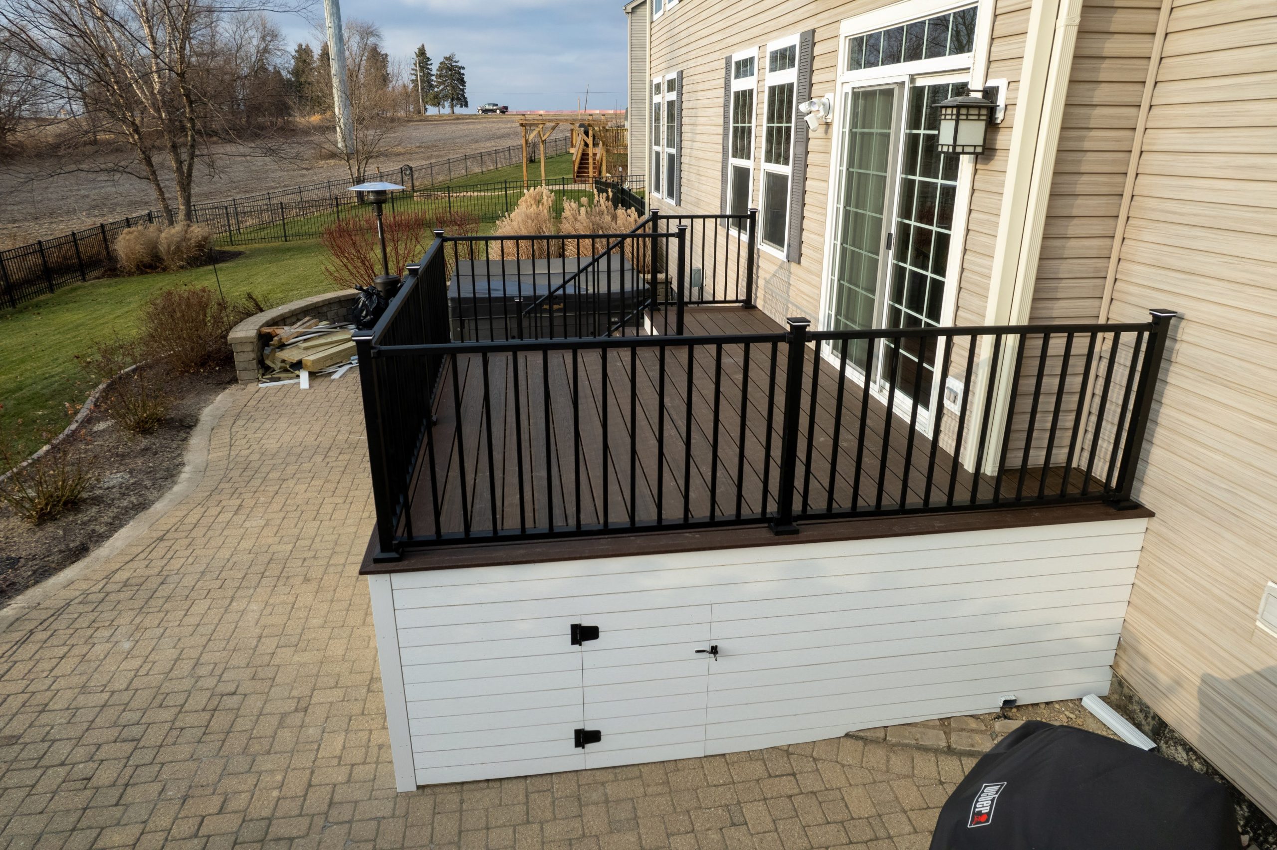 finished brown composite deck with storage